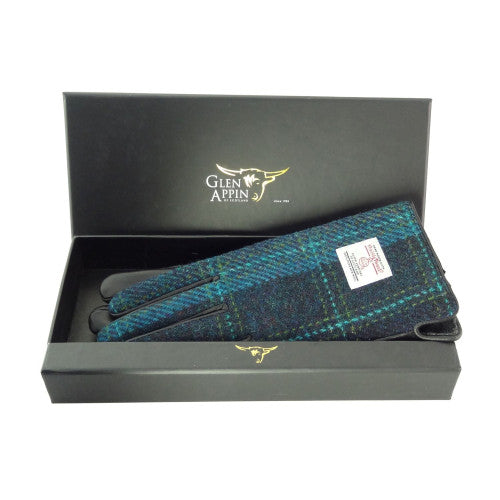 Ladies Black Leather & Harris Tweed Gloves Boxed in Blue with Turquoise Overcheck