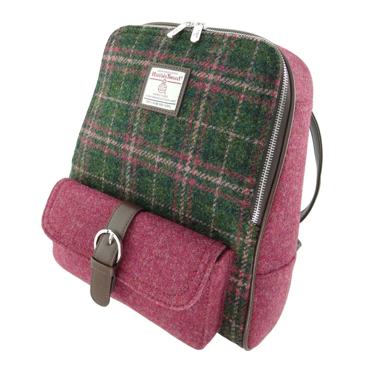 Harris Tweed Backpack in Dark Green Plum Check