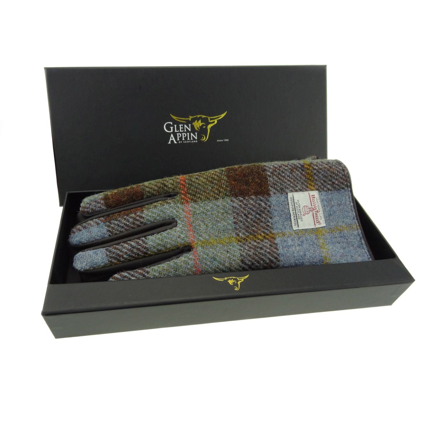 Ladies Brown Leather & Harris Tweed Gloves Boxed in MacLeod Tartan