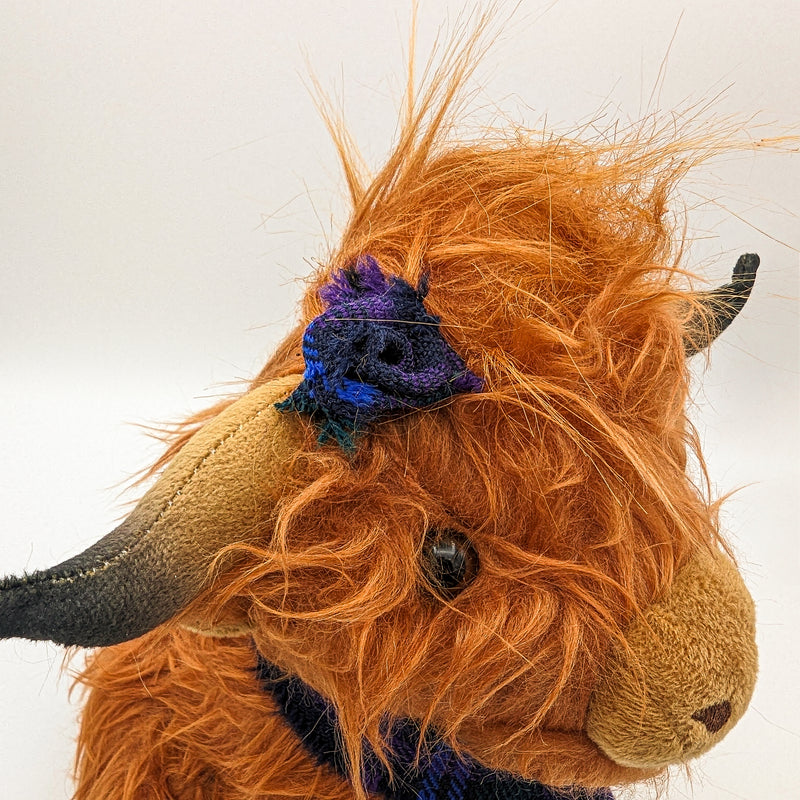 Highland Cow with Spirit of Scotland Tartan Scarf and Hair Rose