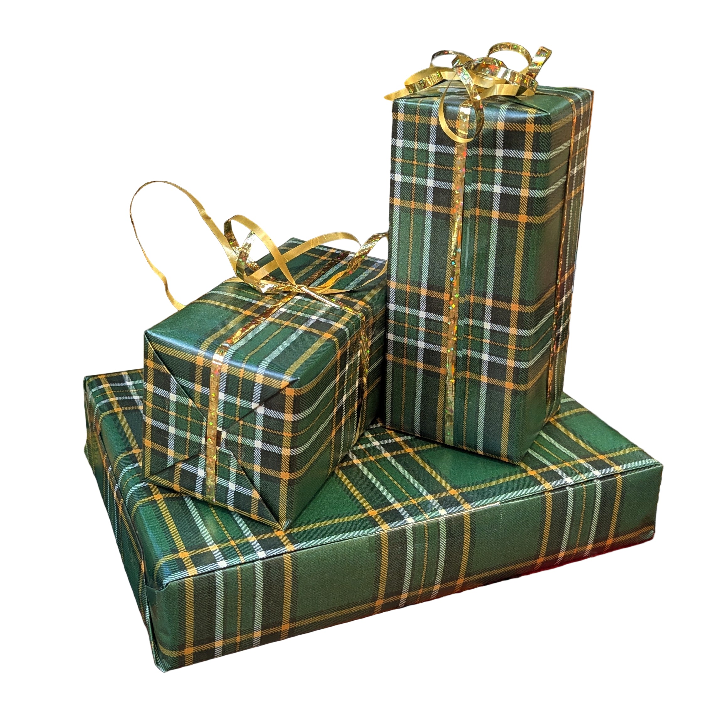 Irish National Tartan gift boxes with ribbons on a plaid surface