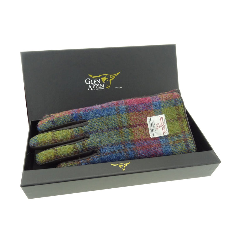 Multi Colour Tartan Harris Tweed & Brown Leather Gloves